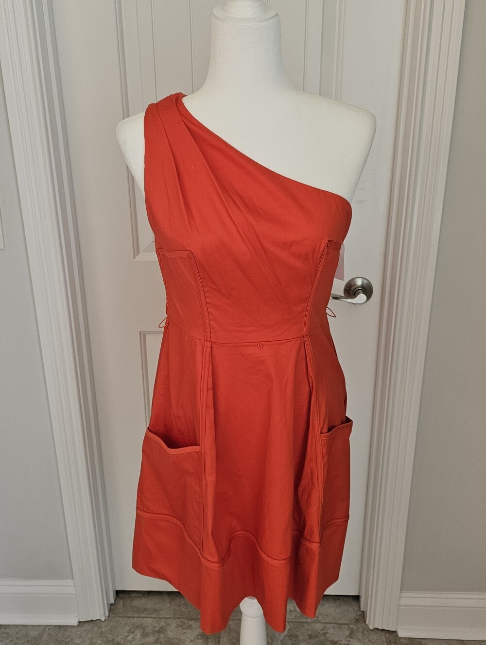 NWT Jessica Simpson One Shoulder Dress Size 4 Coral Orange Poppy Red W/ Pockets